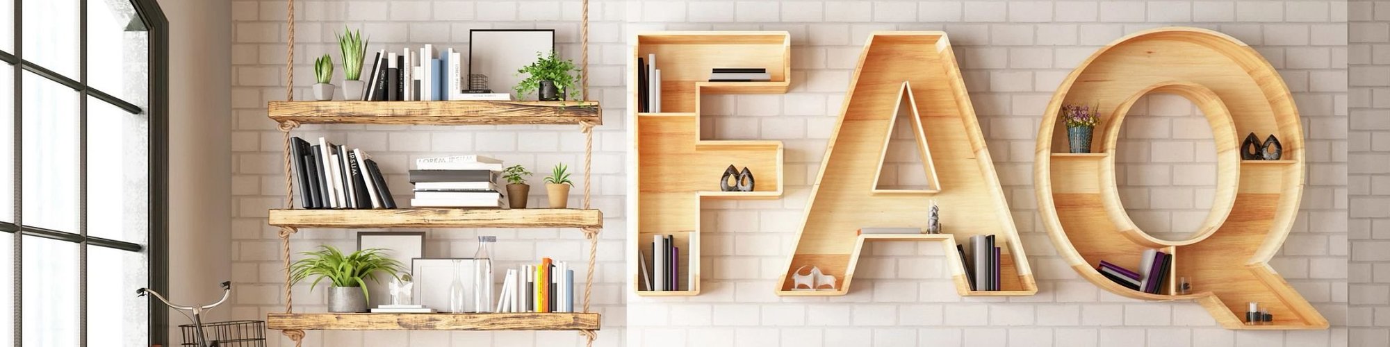 room wall with wood shelving in shape of letters FAQ - RIckway Carpet in North Mankato, MN